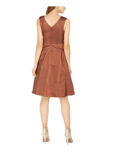 ADRIANNA PAPELL Womens Brown Glitter Sleeveless V Neck Knee Length Party Fit + Flare Dress 16