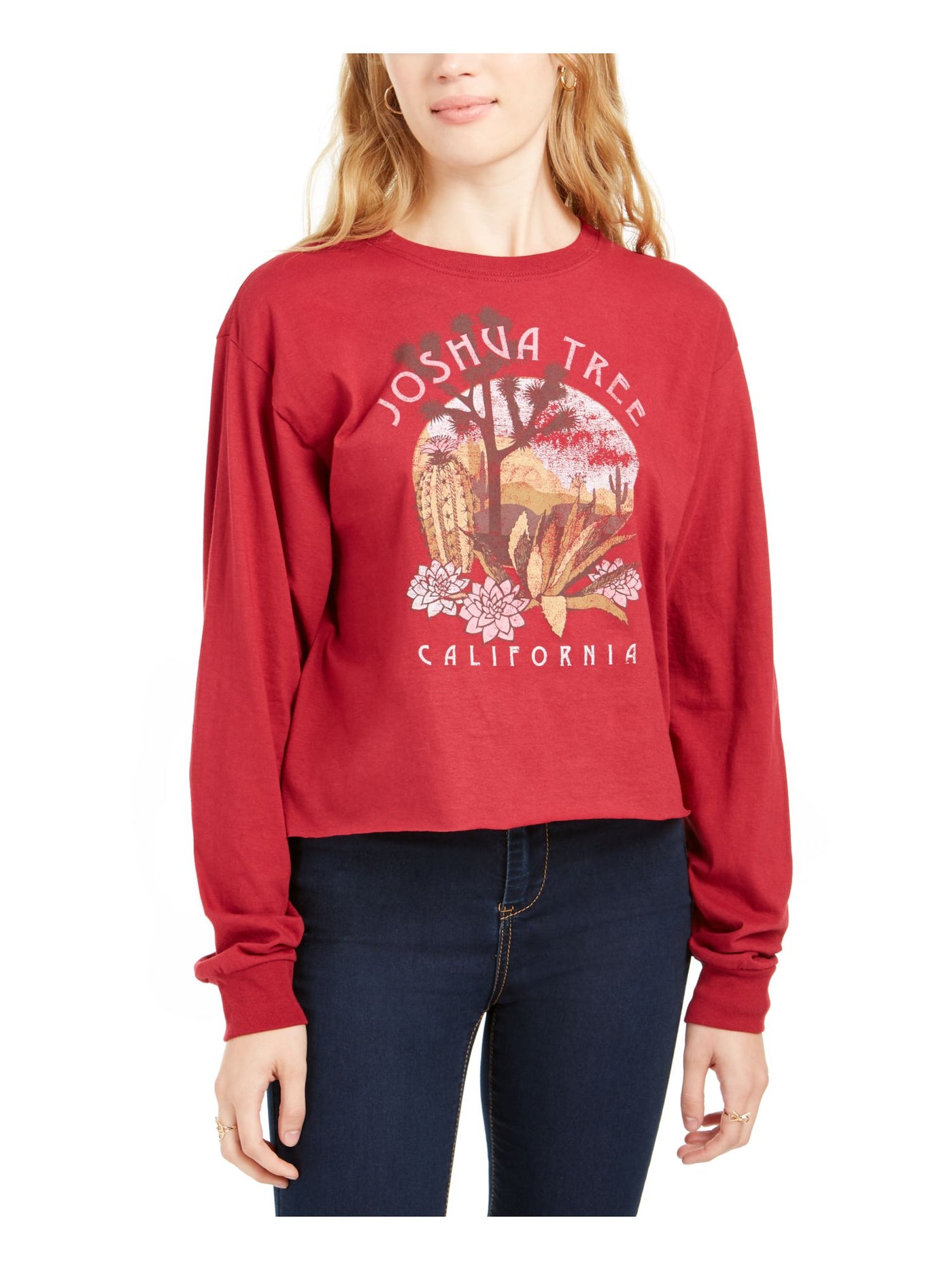 LOVE TRIBE Womens Red Short Length Printed Long Sleeve Crew Neck T-Shirt S