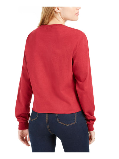 LOVE TRIBE Womens Red Short Length Printed Long Sleeve Crew Neck T-Shirt Juniors S