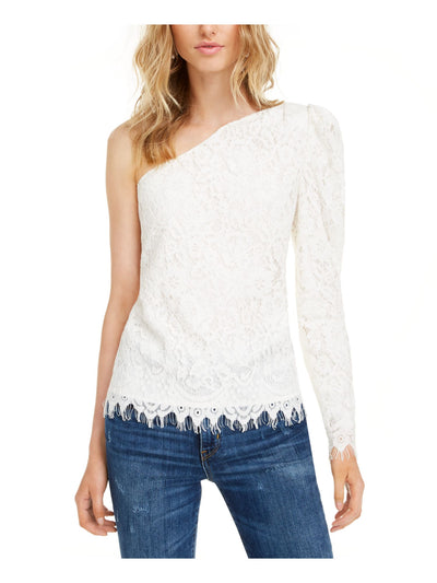 LEYDEN Womens Ivory Fringed Embroidered Long Sleeve Asymmetrical Neckline Party Top M