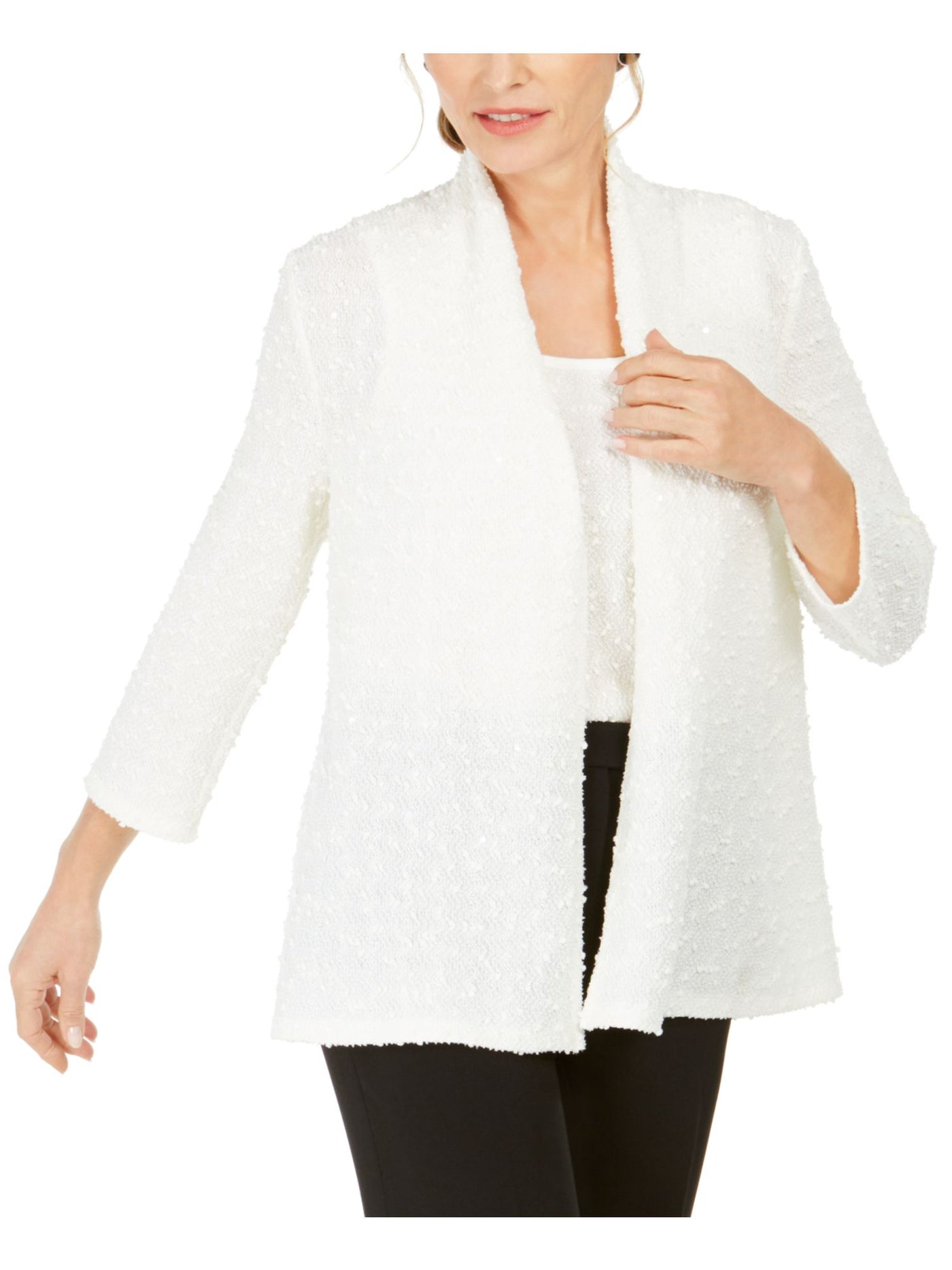 KASPER Womens Ivory Embroidered Textured 3/4 Sleeve Open Cardigan Evening Cardigan Petites PS
