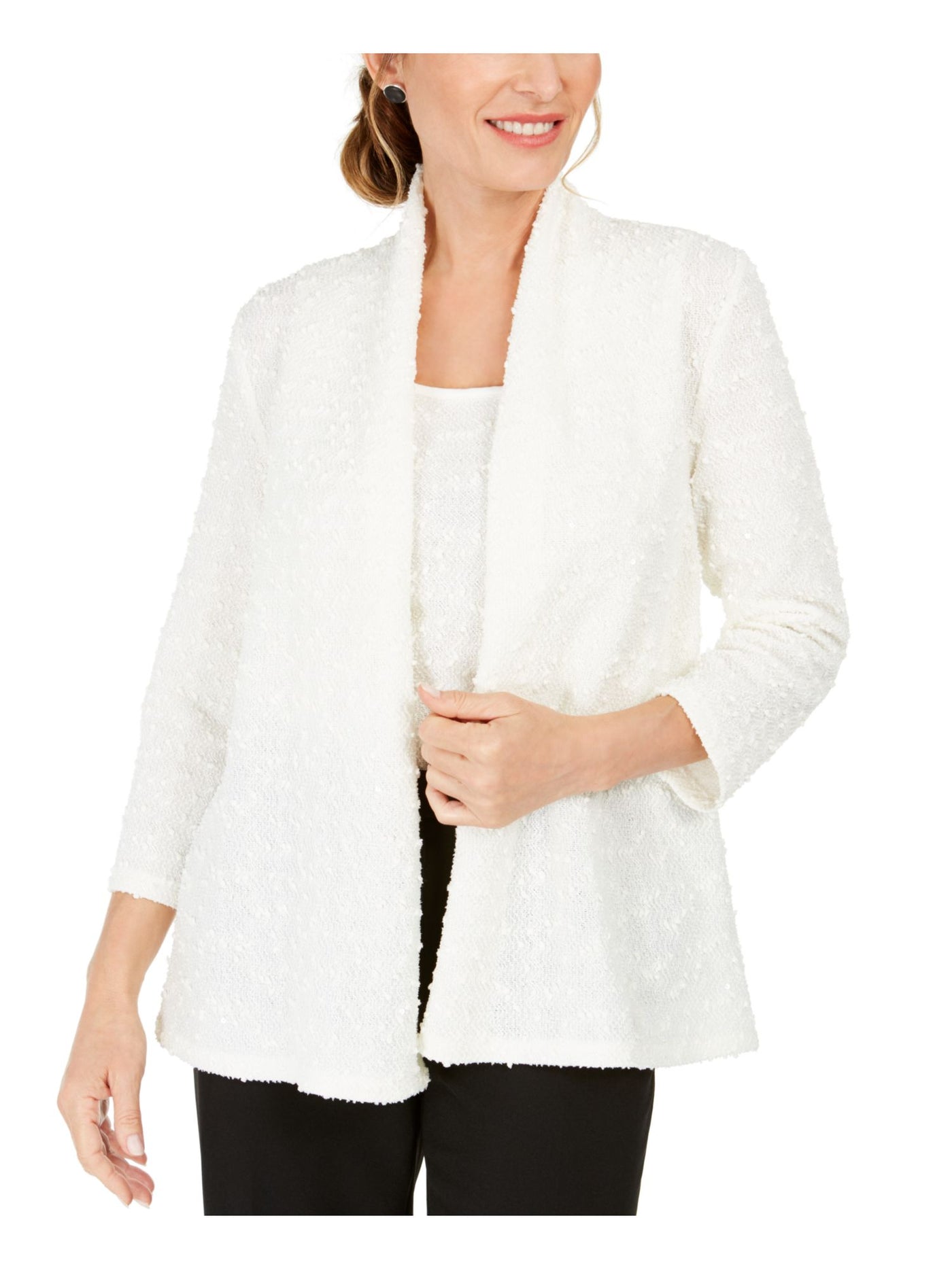 KASPER Womens Ivory Embroidered Textured 3/4 Sleeve Open Cardigan Evening Top Petites PM