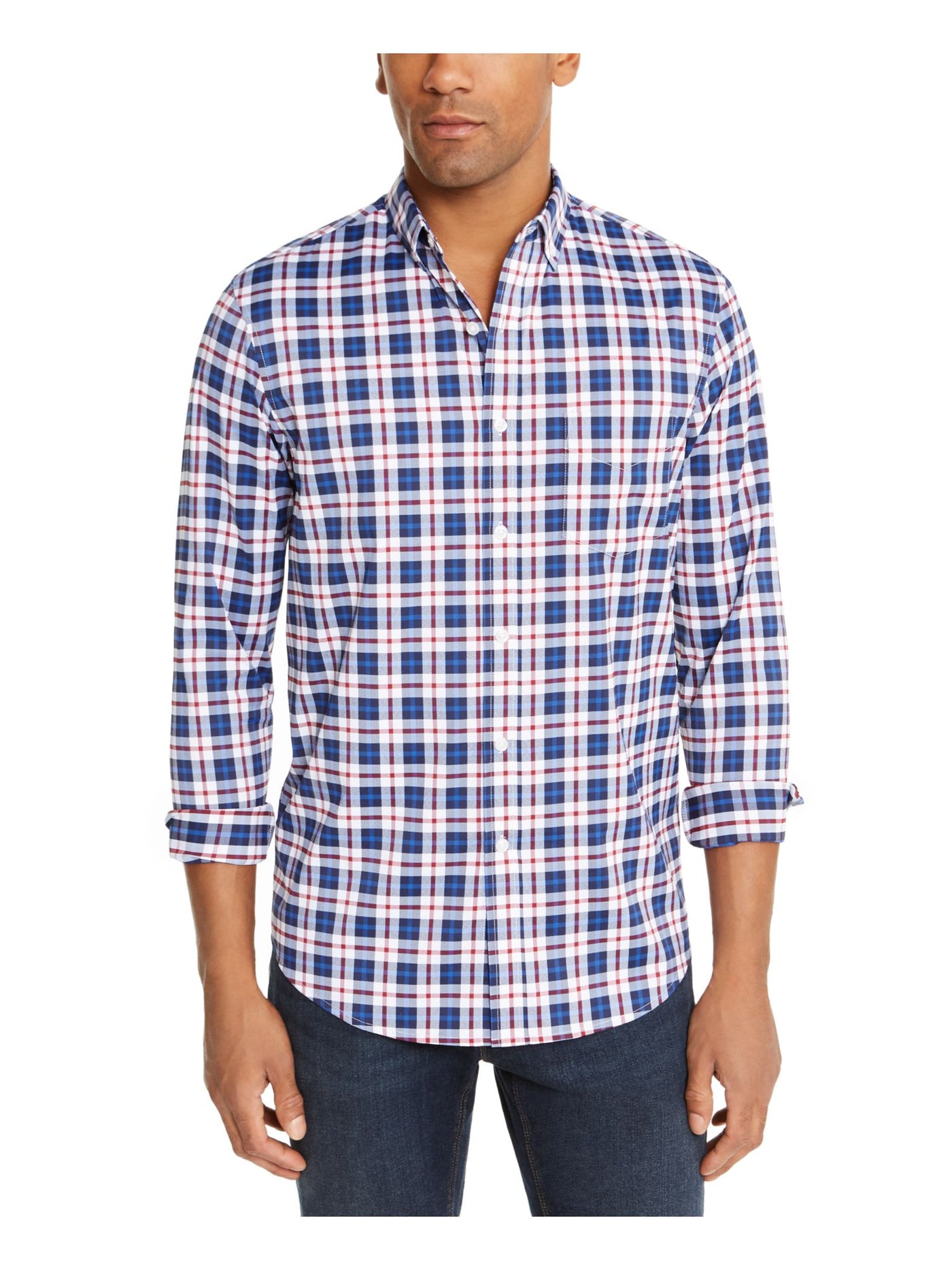 CLUBROOM Mens Navy Plaid Collared Button Down Shirt S