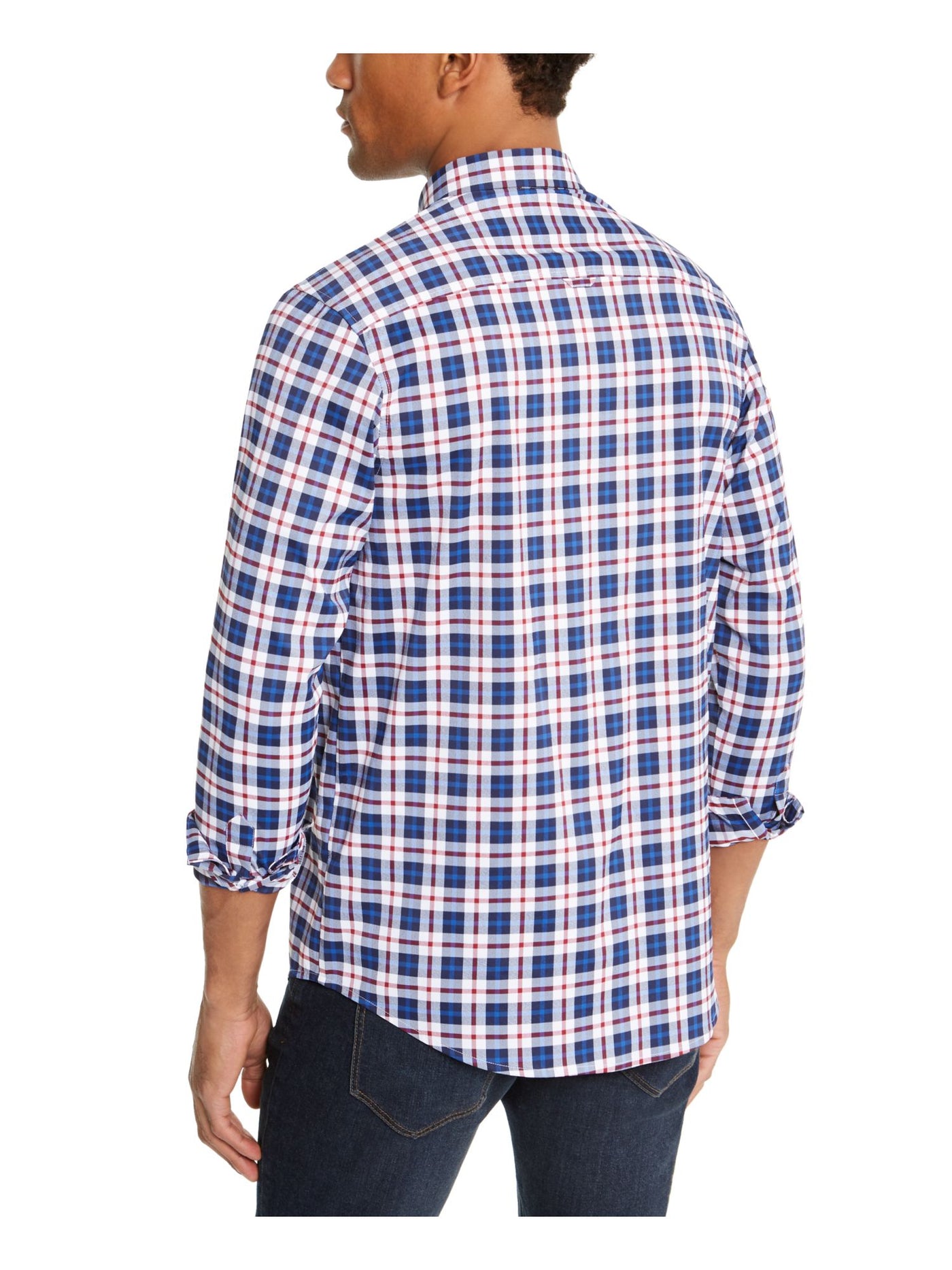 CLUBROOM Mens Navy Plaid Collared Button Down Shirt S