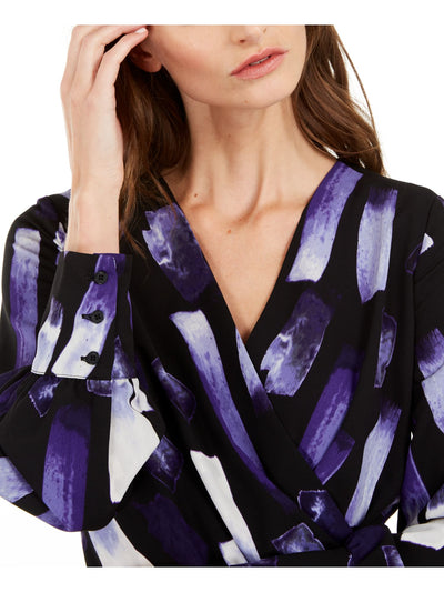 ALFANI Womens Purple Printed Long Sleeve V Neck Wear To Work Wrap Top L