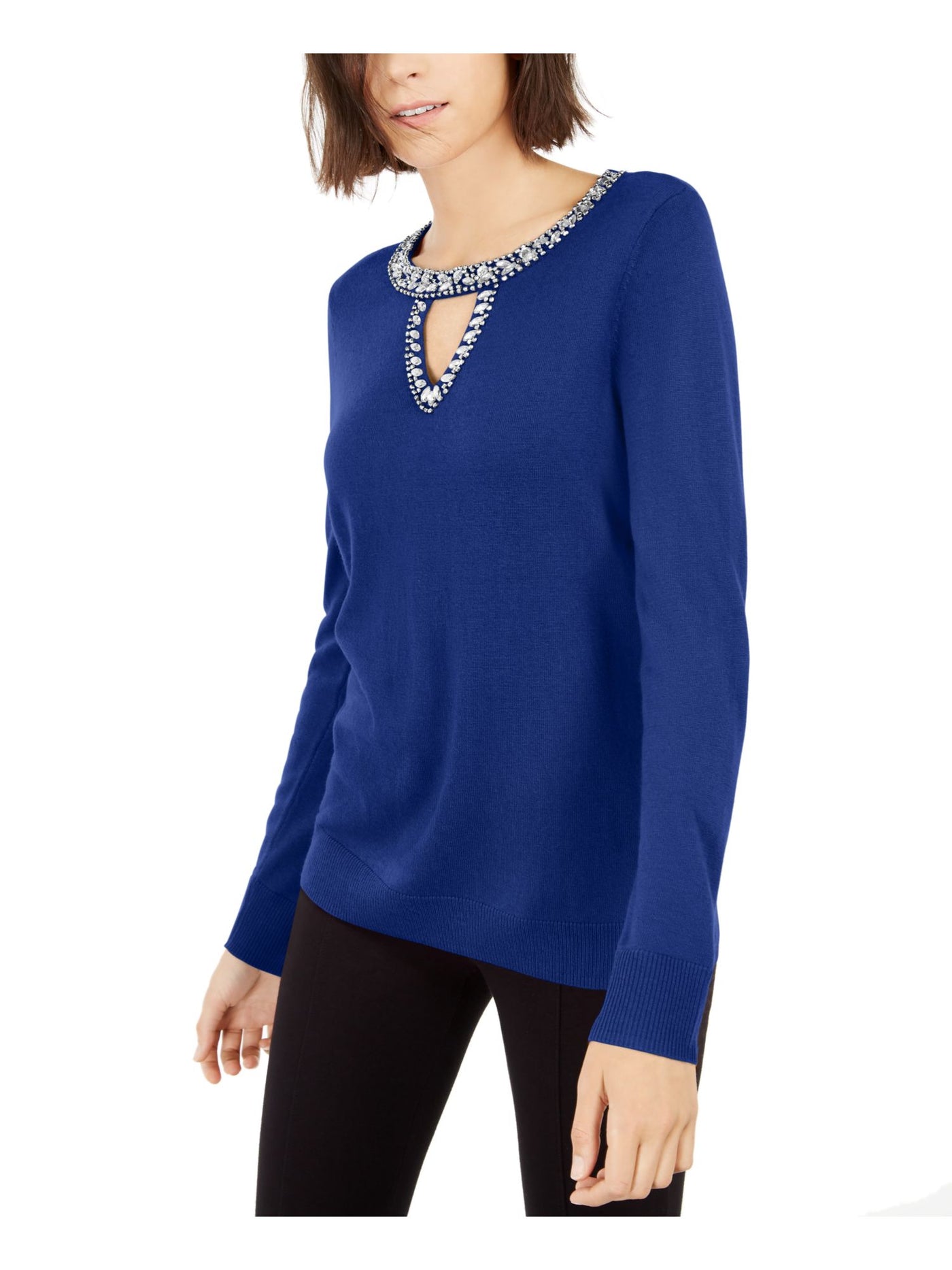 INC Womens Blue Embellished Heather Long Sleeve Keyhole Sweater XS