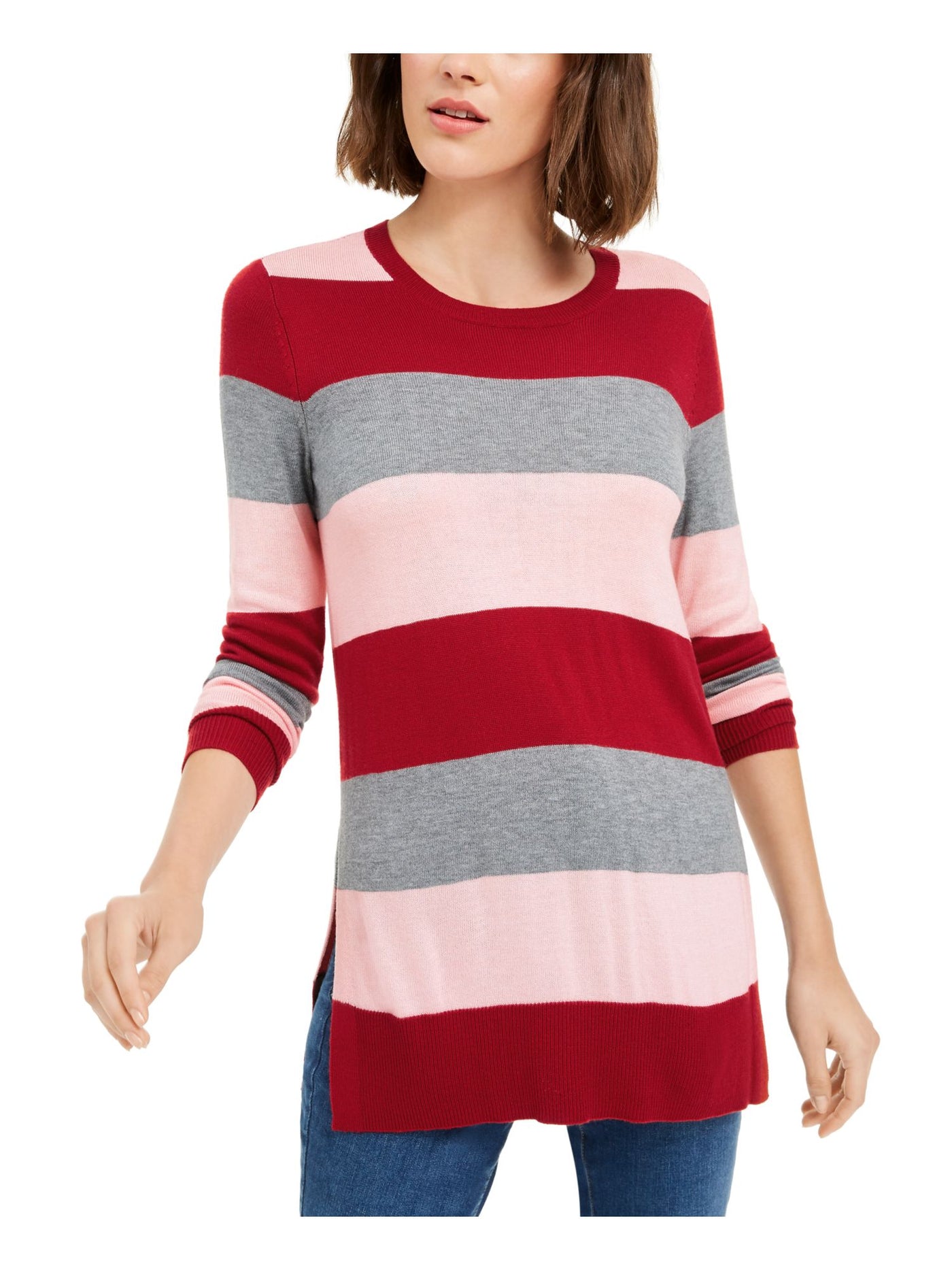 MAISON JULES Womens Red Color Block Long Sleeve Jewel Neck T-Shirt XL