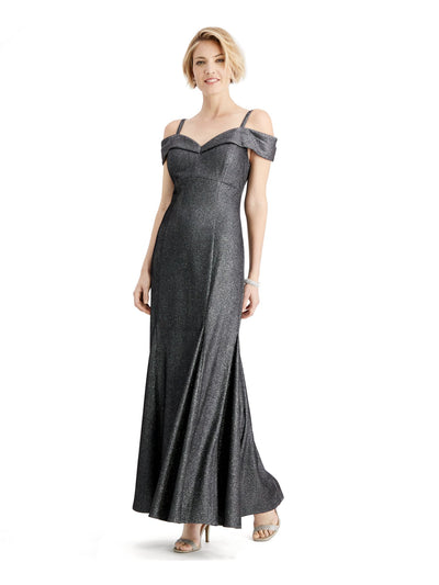 R&M RICHARDS Womens Silver Glitter Cap Sleeve Off Shoulder Maxi Evening Fit + Flare Dress 8