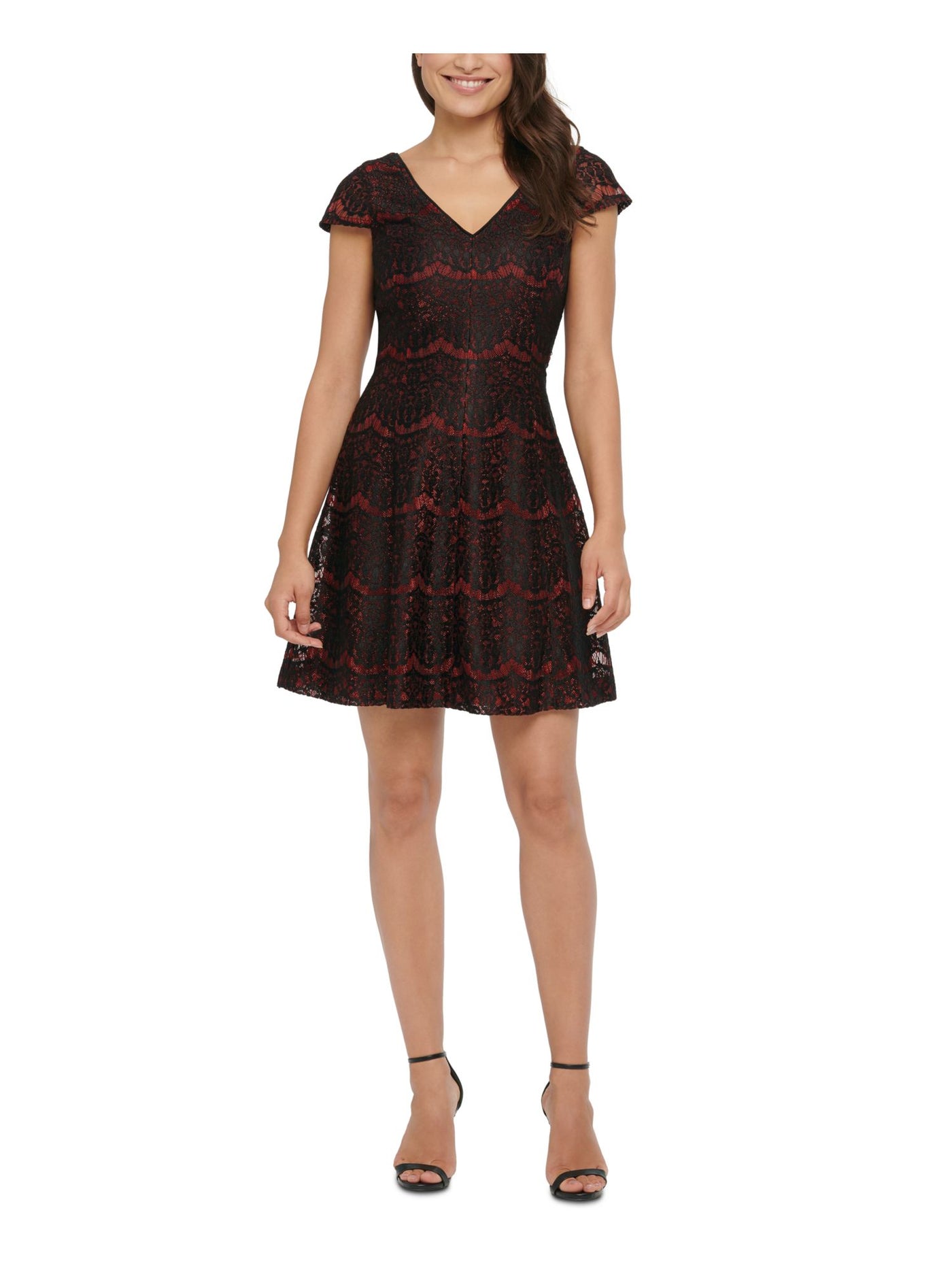 KENSIE DRESSES Womens Black Embroidered Floral Cap Sleeve V Neck Short Party Fit + Flare Dress 2