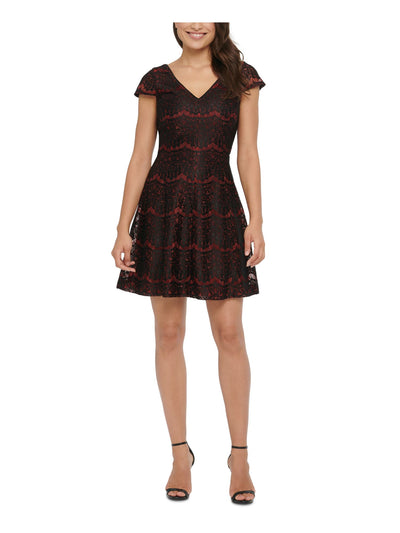 KENSIE DRESSES Womens Black Embroidered Floral Cap Sleeve V Neck Short Party Fit + Flare Dress 2