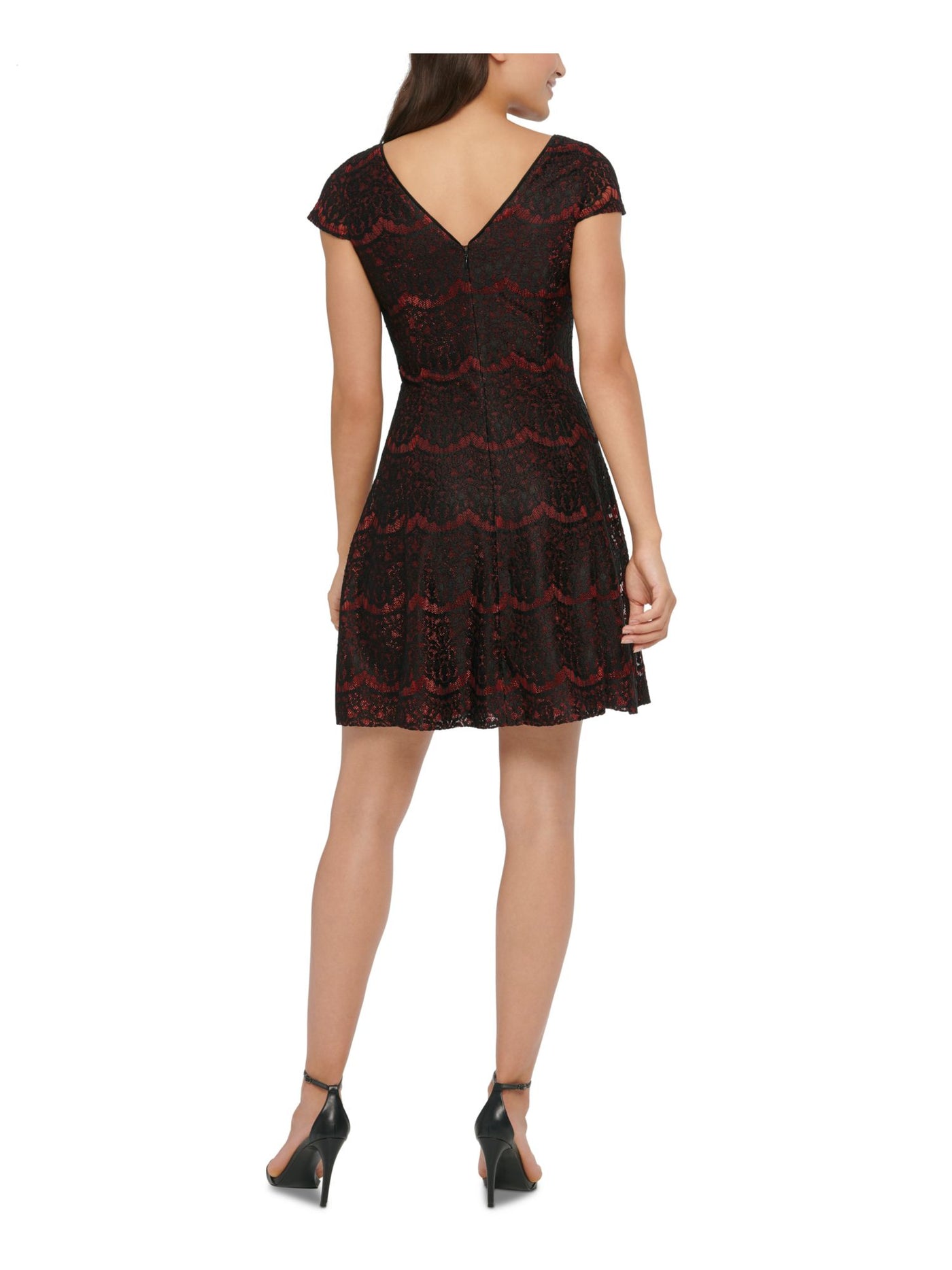 KENSIE DRESSES Womens Black Embroidered Floral Cap Sleeve V Neck Short Party Fit + Flare Dress 2