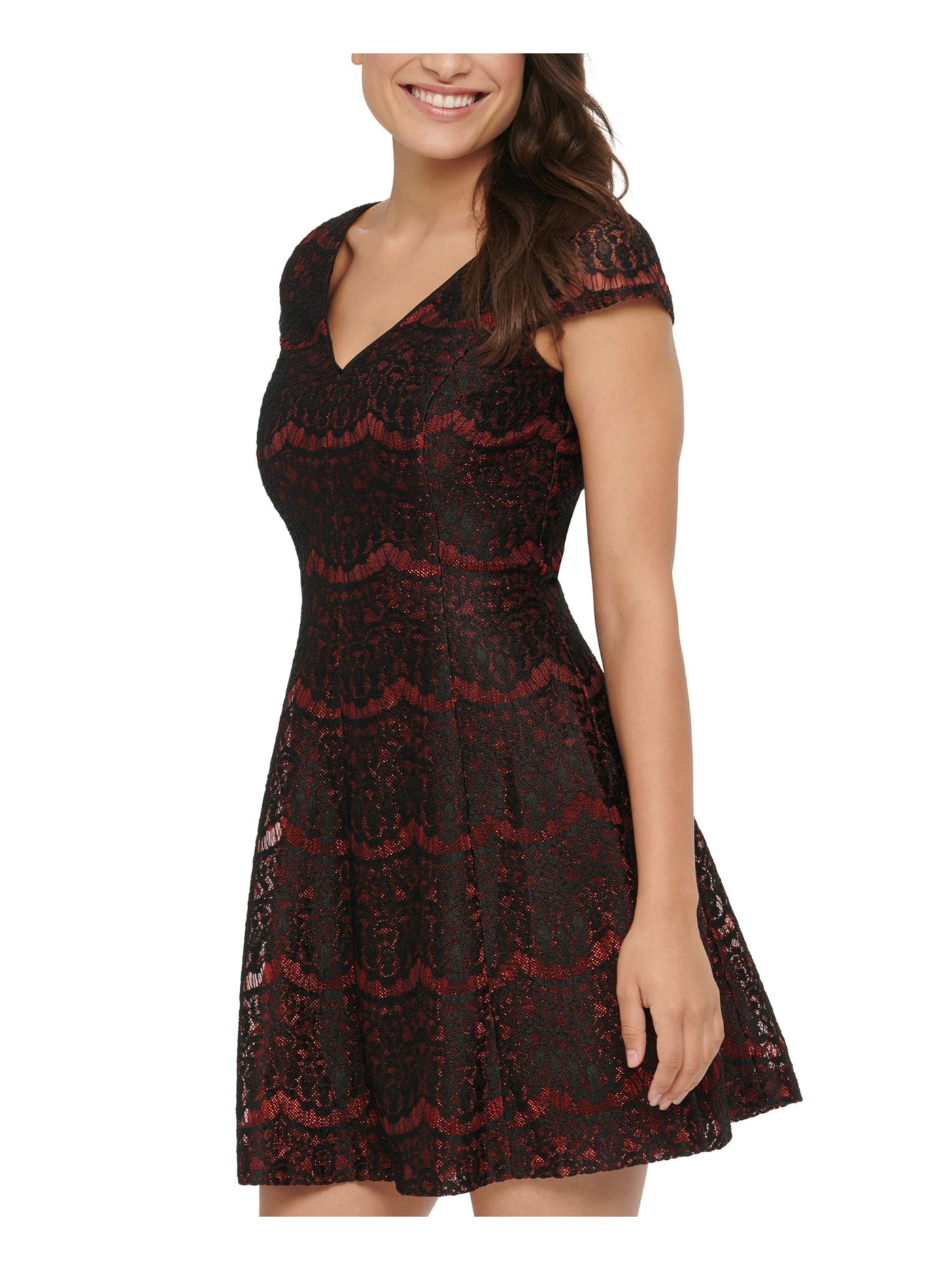 KENSIE DRESSES Womens Black Embroidered Floral Cap Sleeve V Neck Short Party Fit + Flare Dress 2