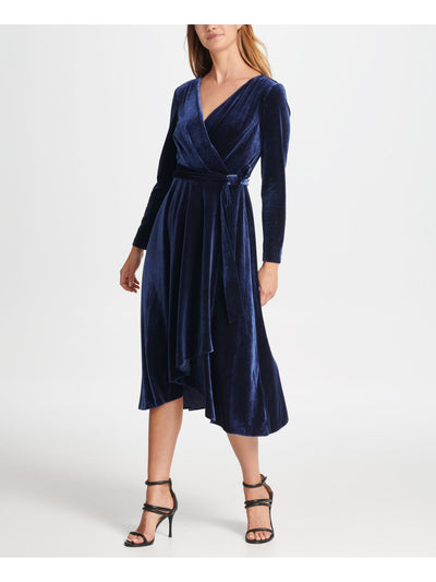 DKNY Womens Navy Long Sleeve V Neck Tea-Length Evening Wrap Dress 16