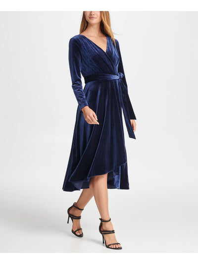 DKNY Womens Navy Long Sleeve V Neck Tea-Length Evening Wrap Dress 16