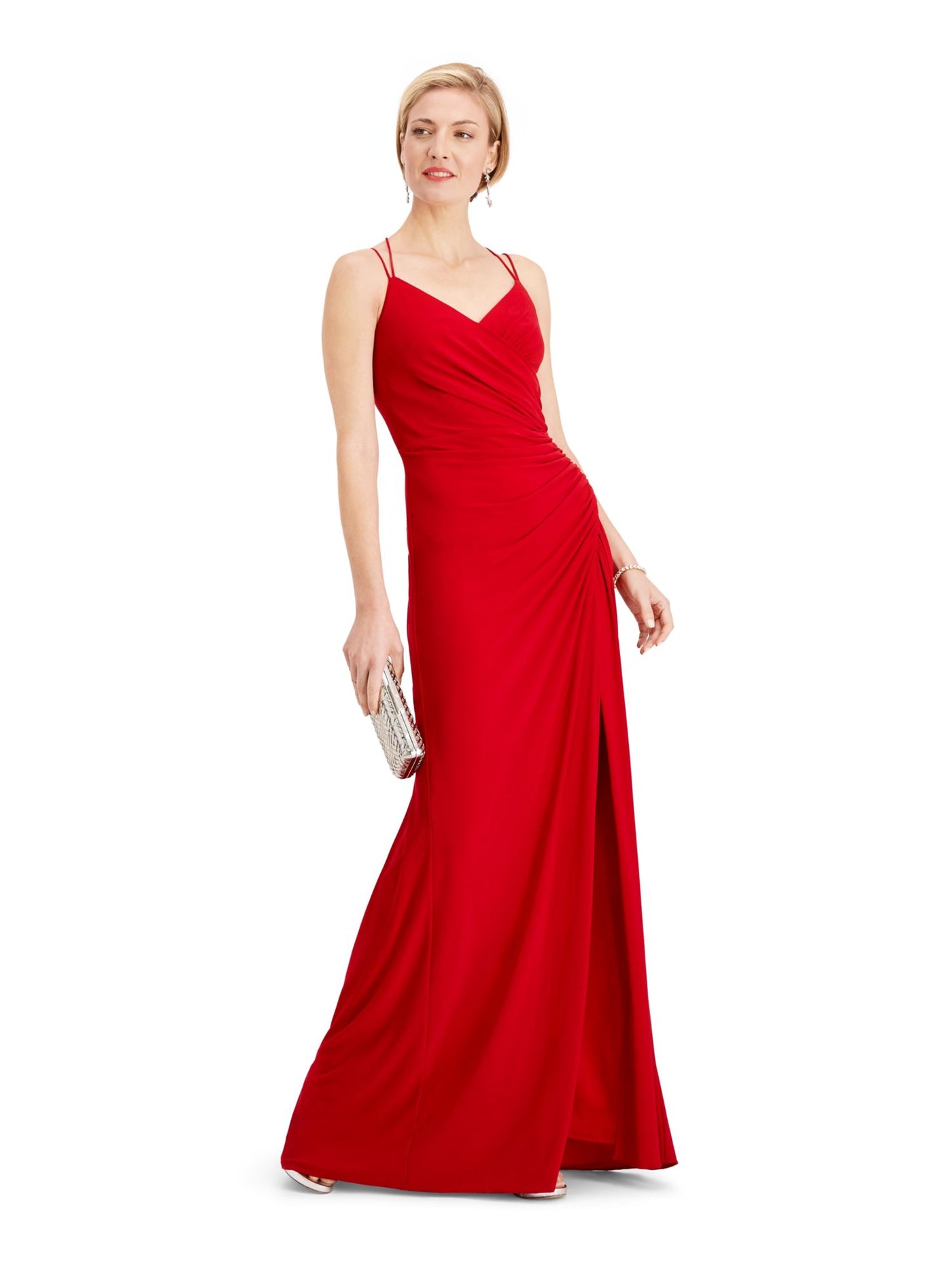 ADRIANNA PAPELL Womens Red Ruched Zippered Spaghetti Strap V Neck Full-Length Formal Fit + Flare Dress 6