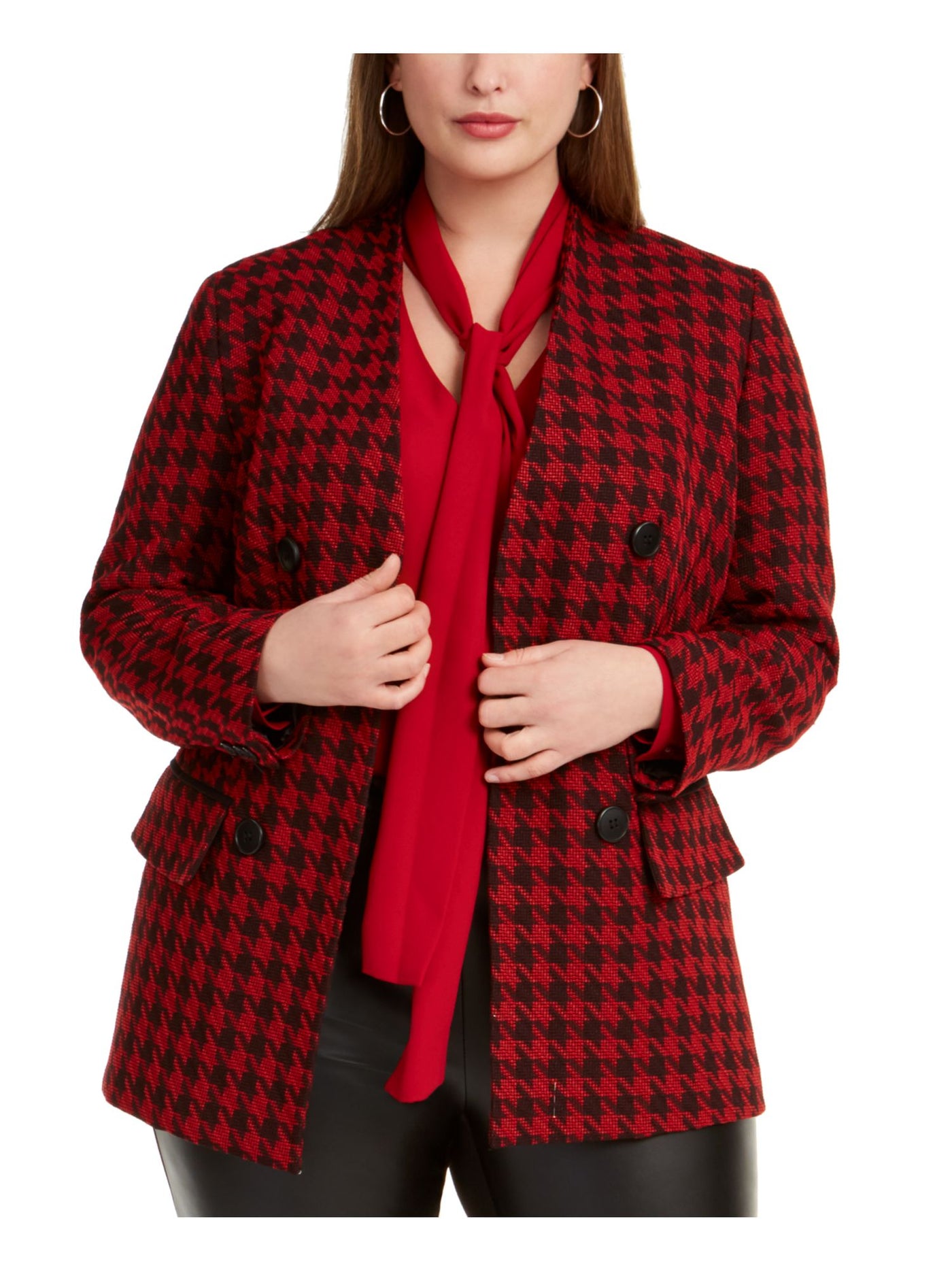 BAR III Womens Red Houndstooth Wear To Work Blazer Jacket Plus 24W
