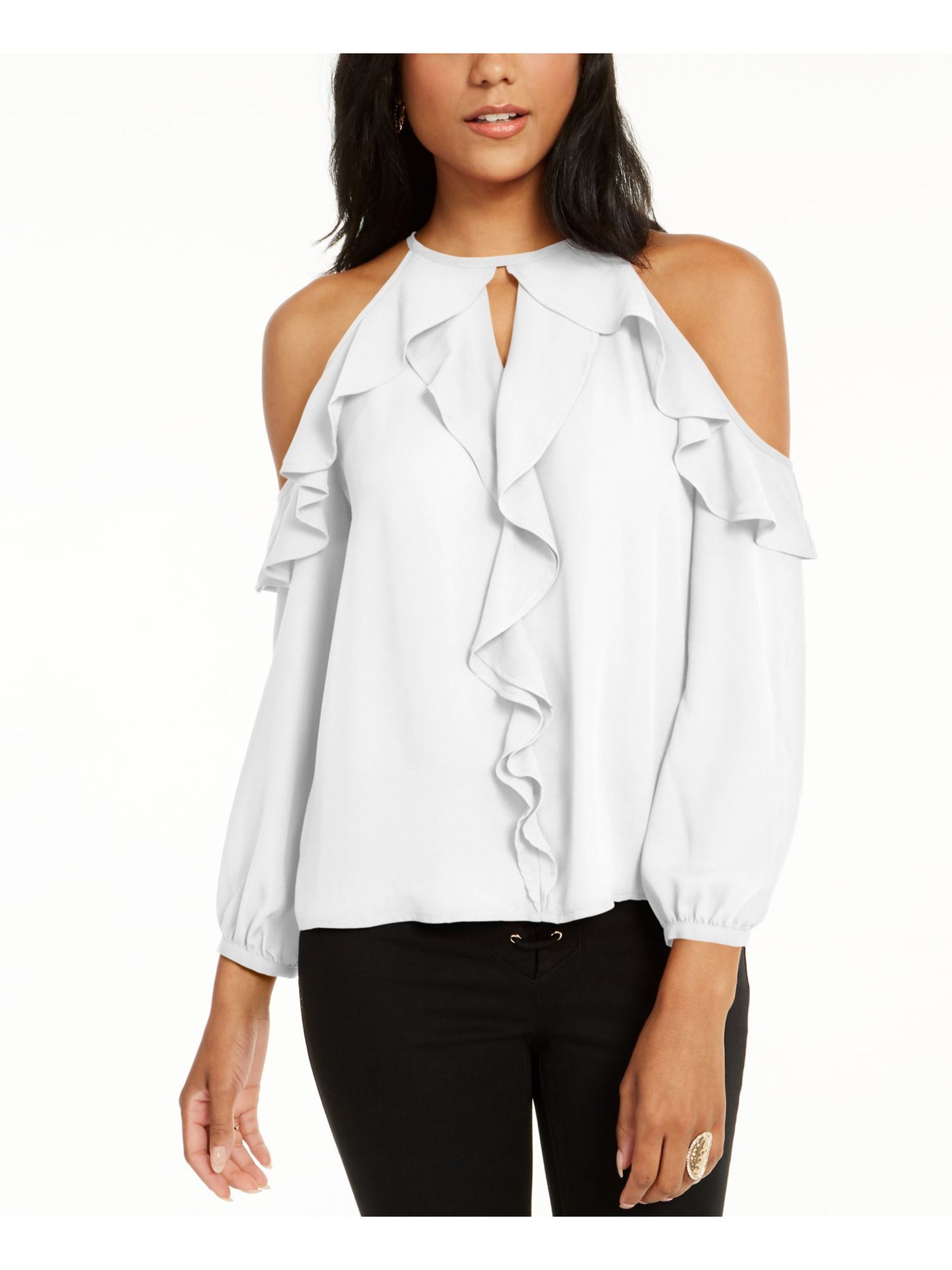 THALIA SODI Womens Ivory Cold Shoulder Ruffled Keyhole Long Sleeve Crew Neck Top XS