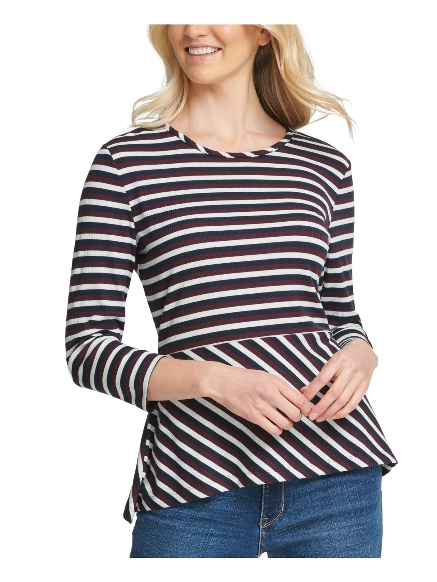 DKNY Womens Burgundy Striped Long Sleeve Jewel Neck Top Size: S