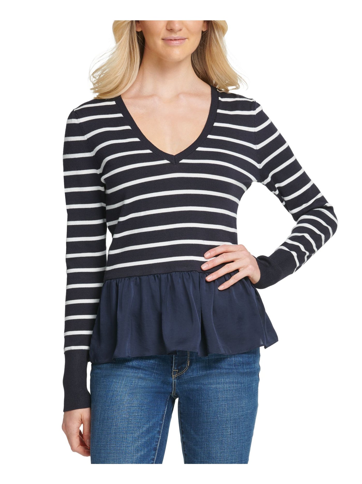 DKNY Womens Navy Striped Long Sleeve Top M