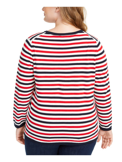 TOMMY HILFIGER Womens Red Color Block Long Sleeve V Neck T-Shirt Plus 3X