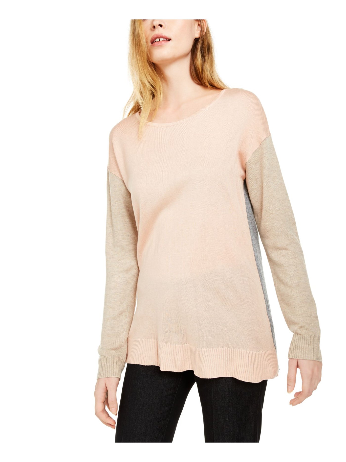 CALVIN KLEIN Womens Pink Color Block Long Sleeve Jewel Neck Top XL