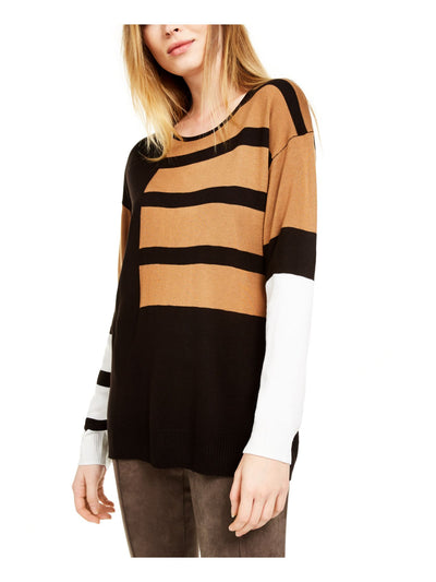 CALVIN KLEIN Womens Black Color Block Long Sleeve Crew Neck Sweater XS