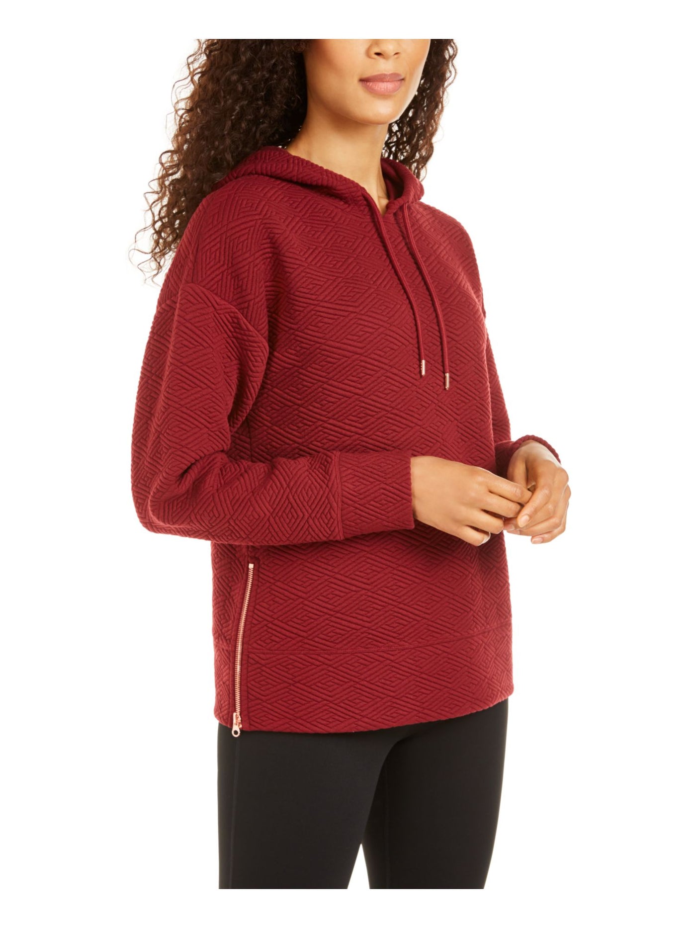 IDEOLOGY Womens Burgundy Zippered Herringbone Long Sleeve Hooded Hoodie Sweater S