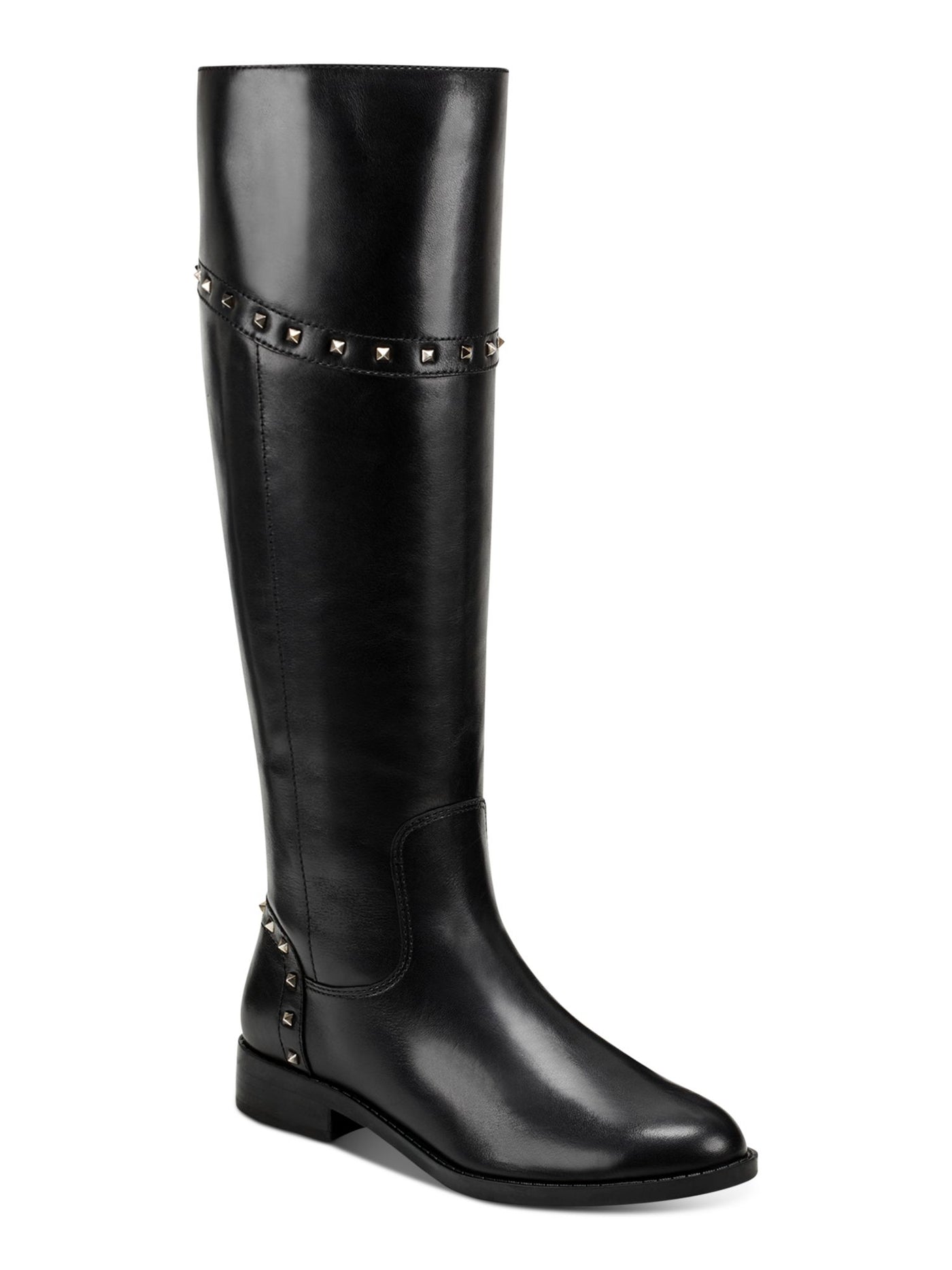 MARC FISHER Womens Black Flex Gore Back Accents Studded Cushioned Slip Resistant Water Resistant Secalm Round Toe Block Heel Zip-Up Leather Riding Boot 7.5 M