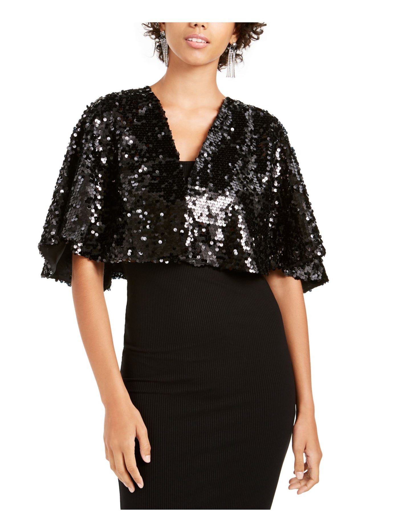 TEEZE ME Womens Black Sequined Bell Sleeve Open Cardigan Party Top M