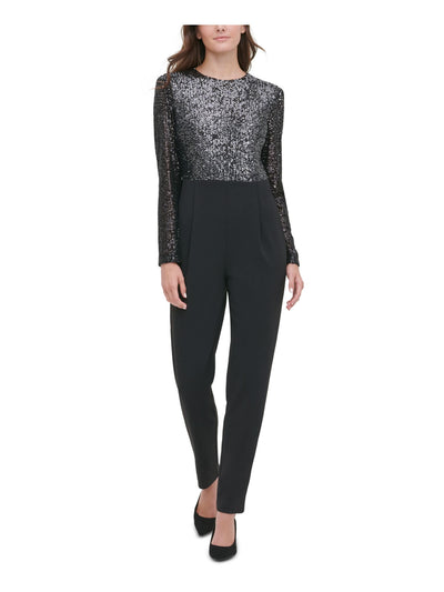 TOMMY HILFIGER Womens Black Sequined Long Sleeve Jewel Neck Party Jumpsuit 2