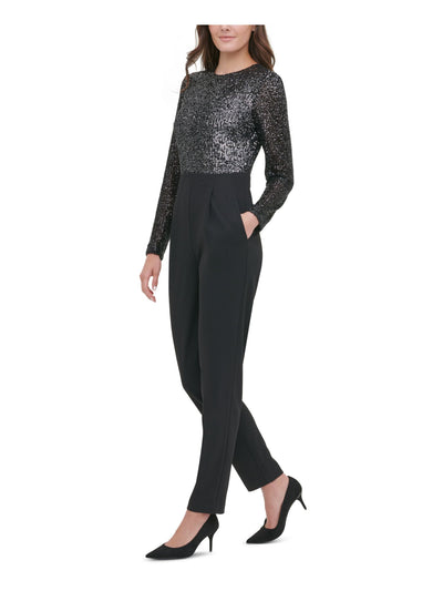 TOMMY HILFIGER Womens Black Sequined Long Sleeve Jewel Neck Party Jumpsuit 2