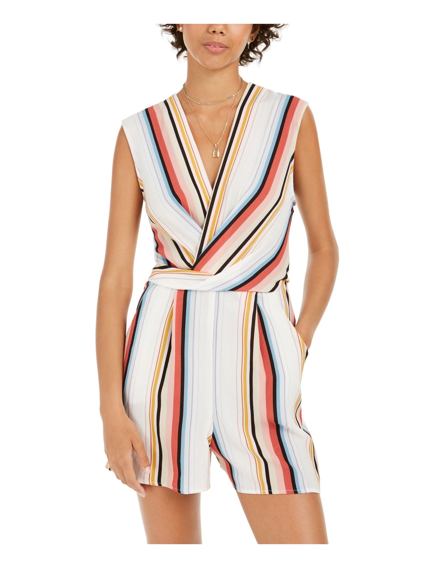 SPEECHLESS Womens White Striped Sleeveless V Neck Romper S