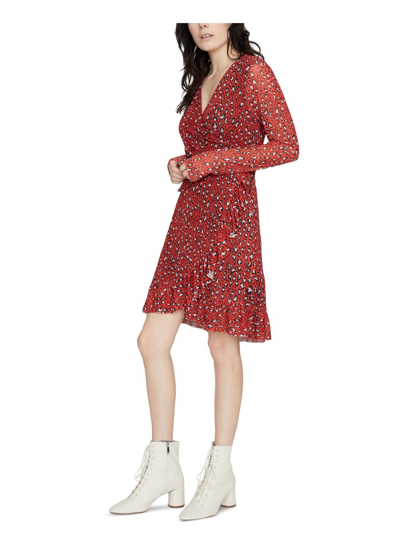 SANCTUARY Womens Red Animal Print Long Sleeve Knee Length Wrap Dress Juniors M