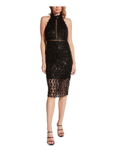 BARDOT Womens Black Lace Patterned Sleeveless Halter Below The Knee Cocktail Body Con Dress XS