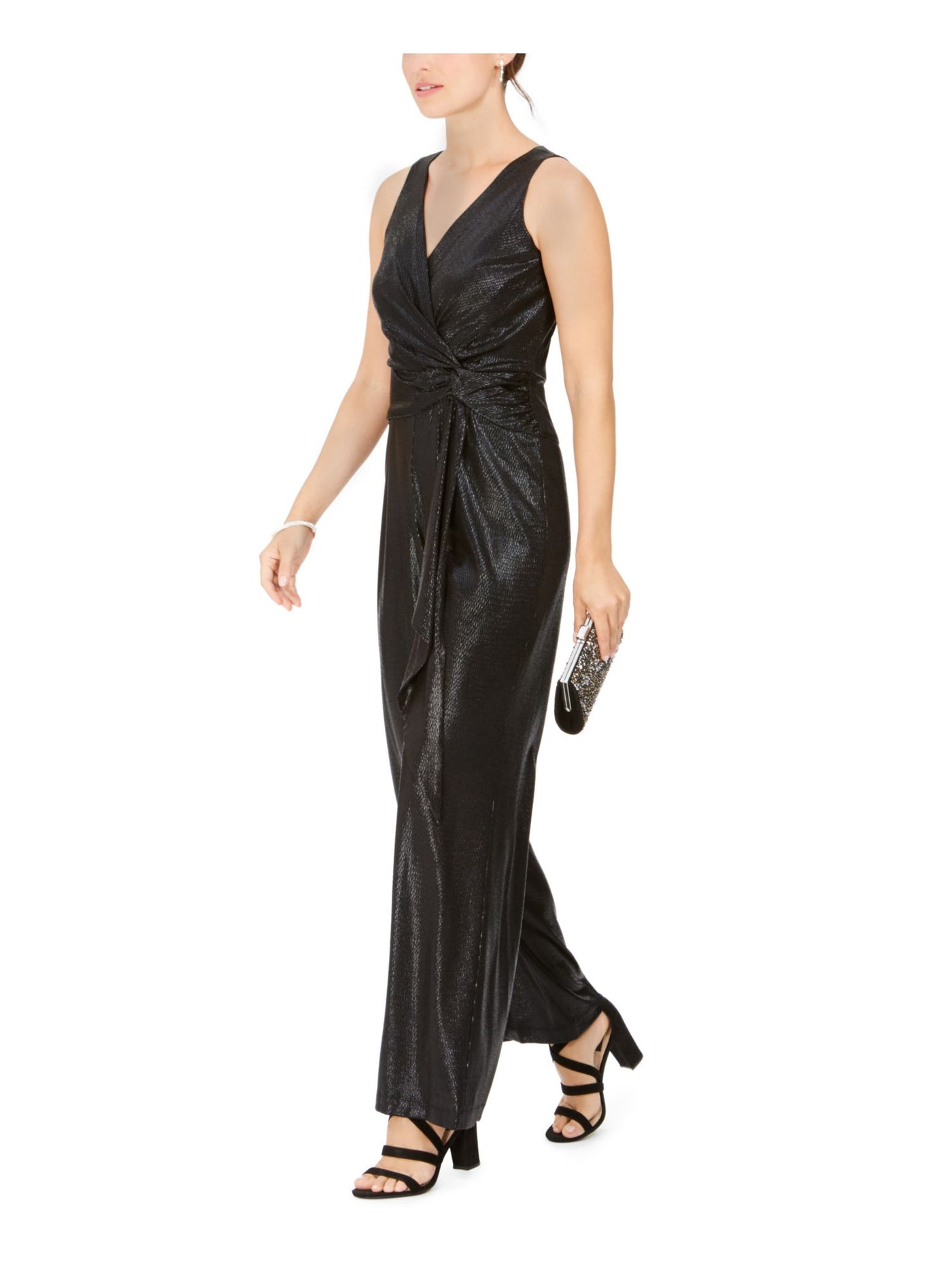 TAYLOR Womens Black Textured  Shimmering Sleeveless V Neck Evening Jumpsuit 2
