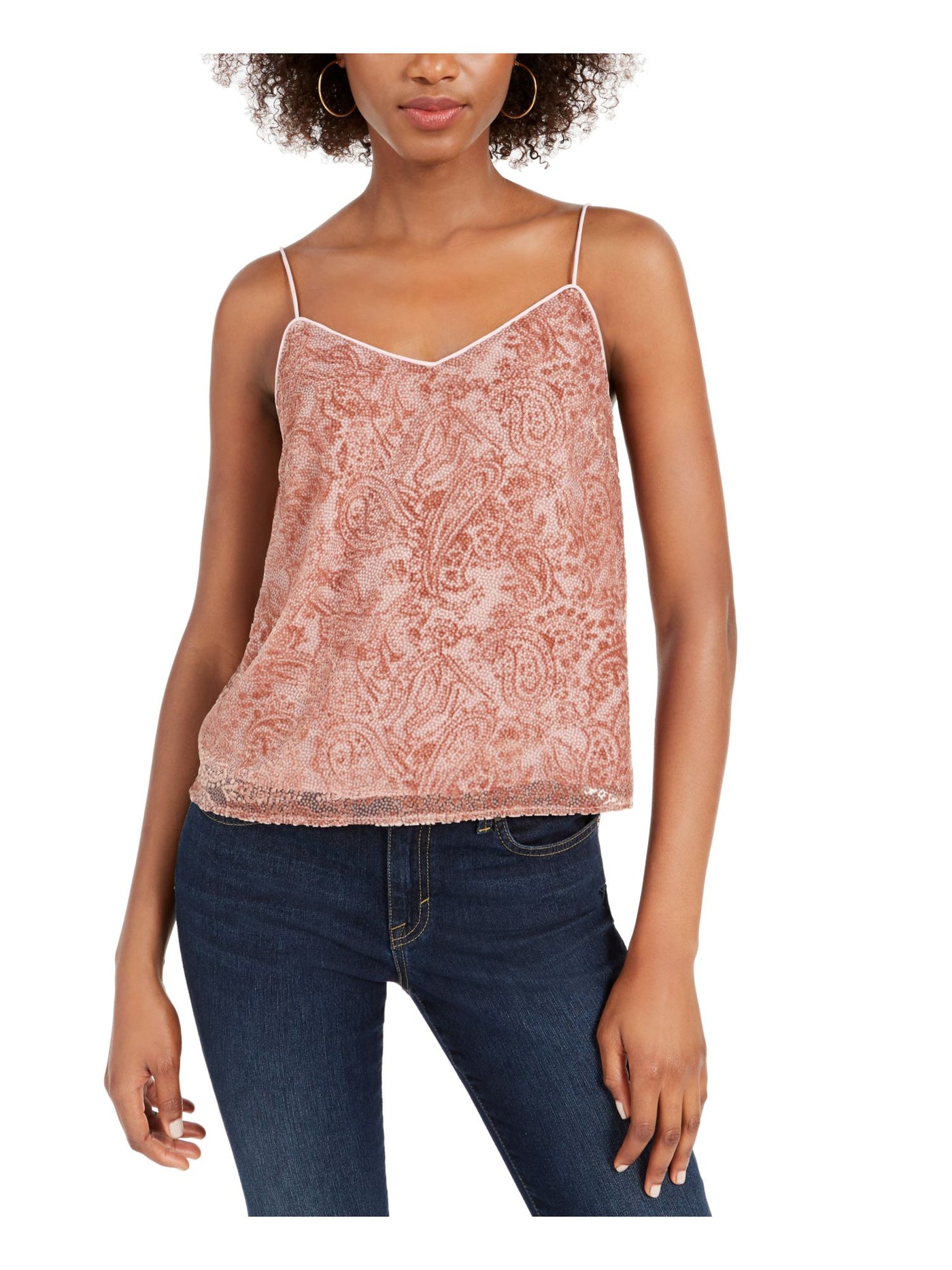 LEYDEN Womens Pink Embroidered Spaghetti Strap V Neck Tank Top Juniors S