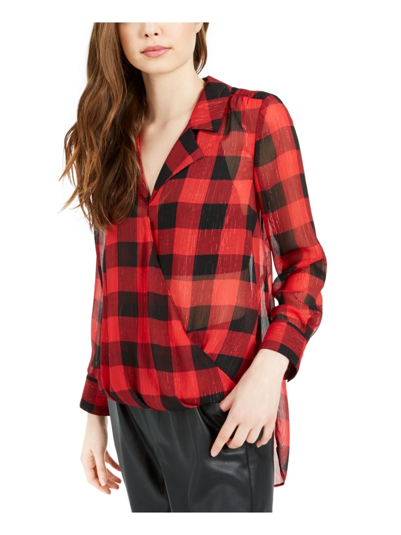 BAR III Womens Red Plaid Long Sleeve Collared Top XXS