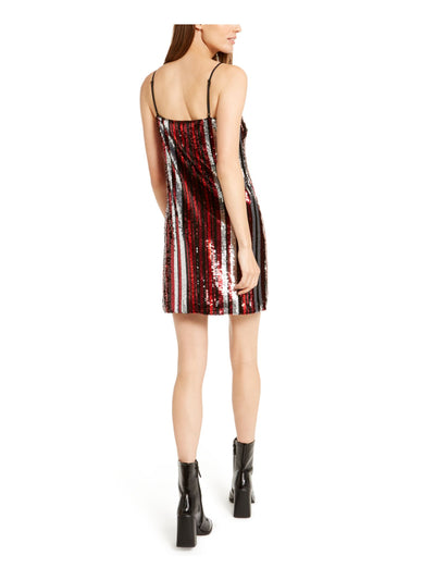 BAR III Womens Red Sequined Striped Spaghetti Strap V Neck Short Party Shift Dress M