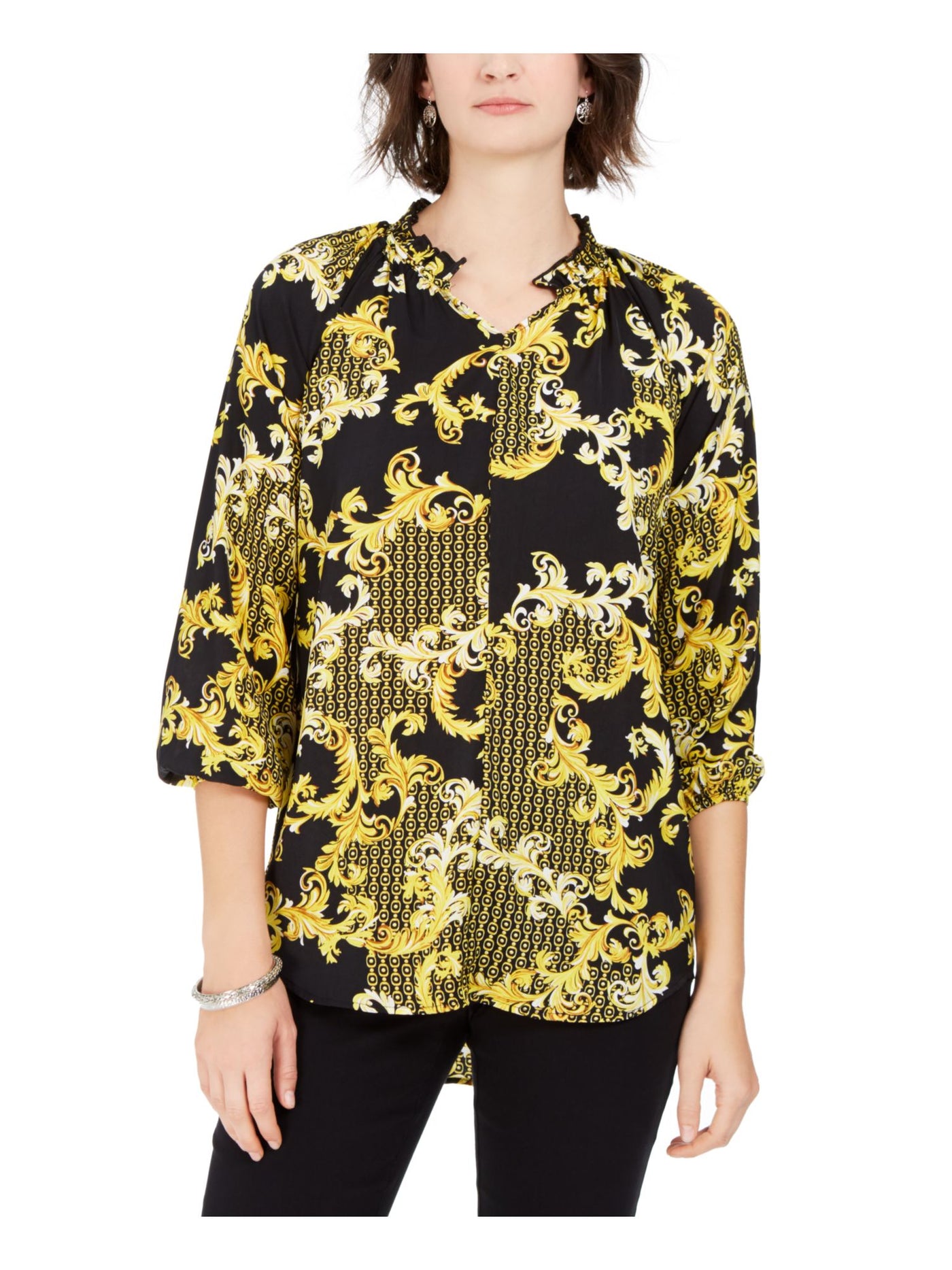 NY COLLECTION Womens Yellow Printed 3/4 Sleeve Mock Evening Hi-Lo Top Petites PXS