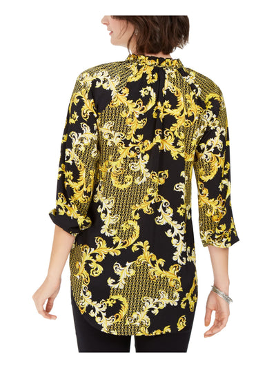 NY COLLECTION Womens Yellow Printed 3/4 Sleeve Mock Evening Hi-Lo Top Petites PXS