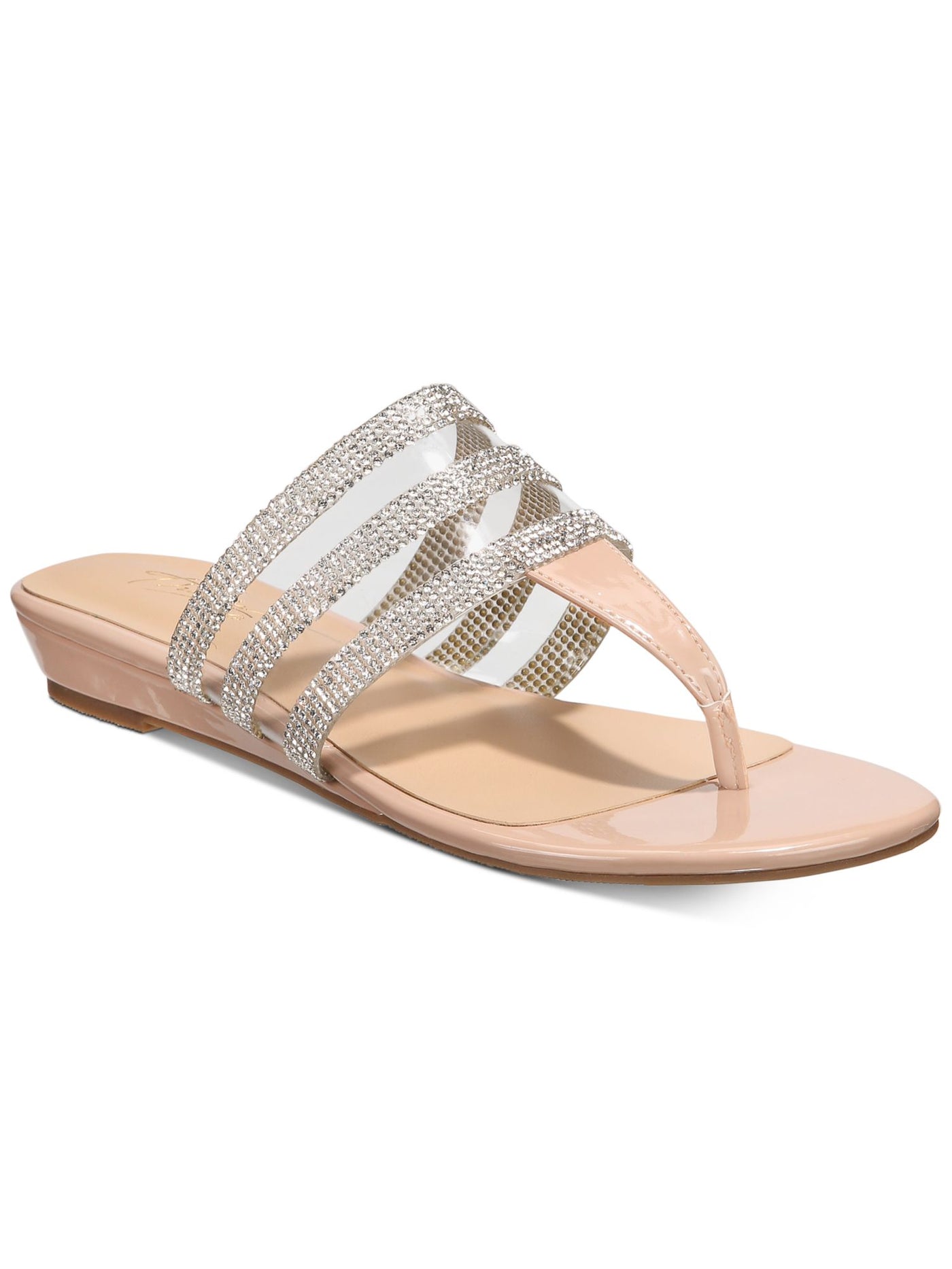 THALIA SODI Womens Beige T-Strap Rhinestone Cushioned Idina Round Toe Wedge Slip On Flip Flop Sandal 6 M