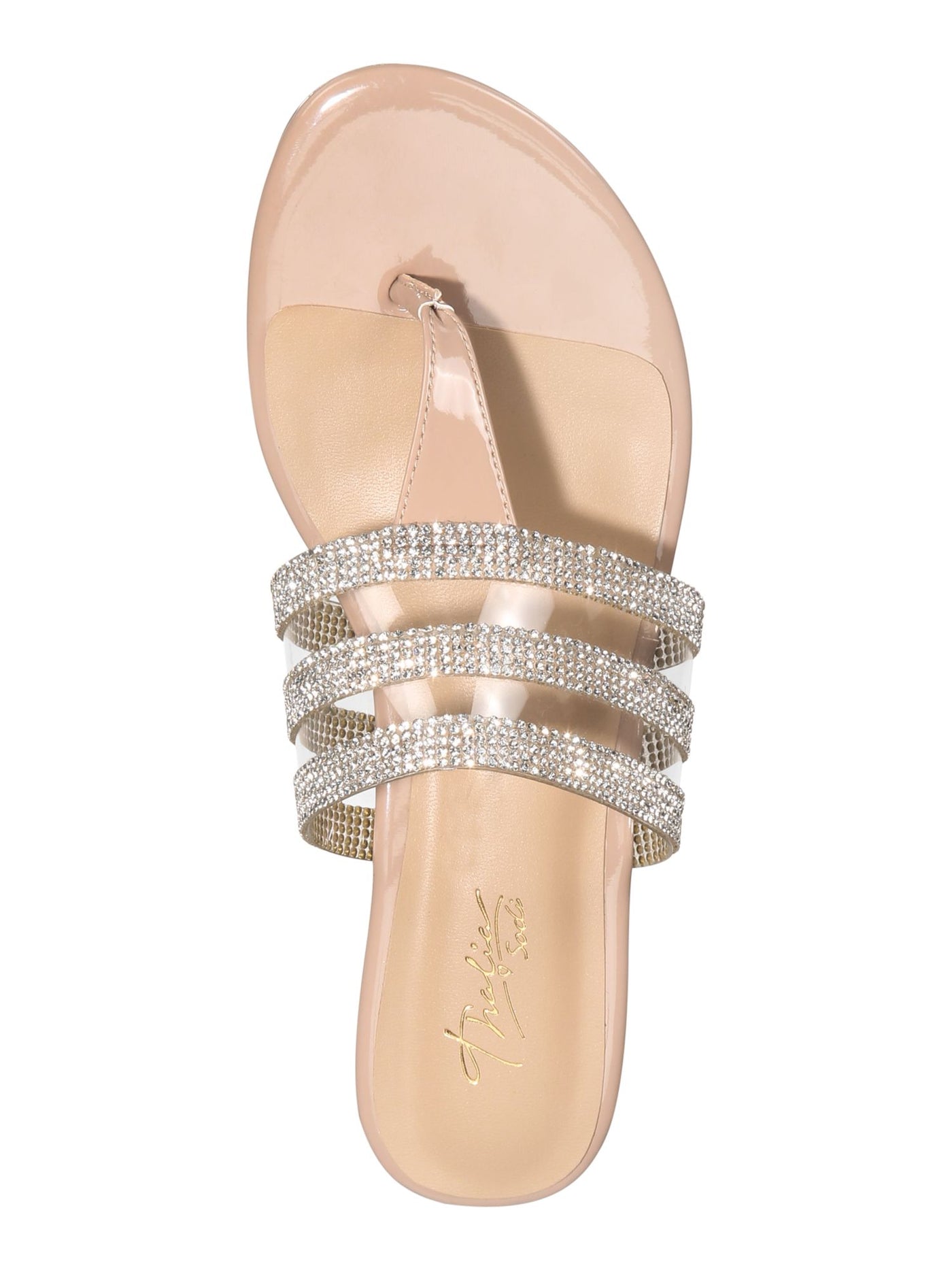 THALIA SODI Womens Beige T-Strap Rhinestone Cushioned Idina Round Toe Wedge Slip On Flip Flop Sandal 6 M