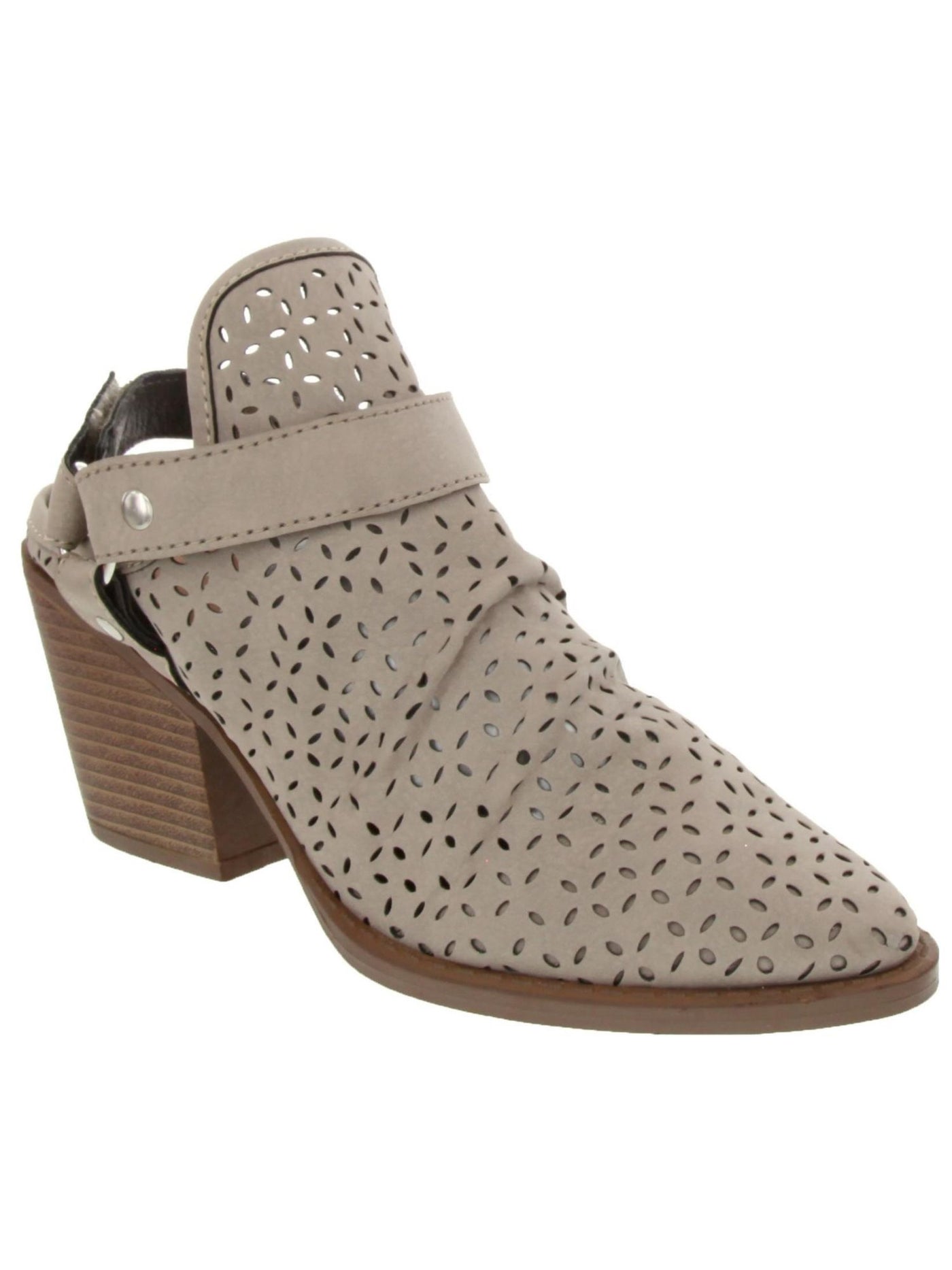 SUGAR Womens Stone Gray Perforated   Flexible Sole Adjustable Strap Breathable Temper Almond Toe Block Heel Booties 7.5