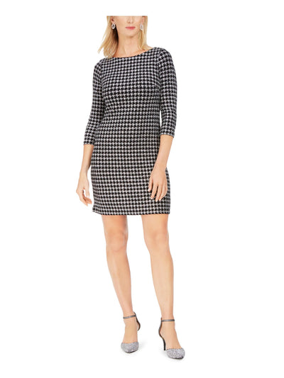 JESSICA HOWARD Womens Silver Glitter Houndstooth Long Sleeve Jewel Neck Short Cocktail Sheath Dress 14