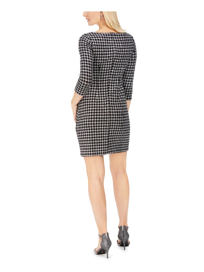 JESSICA HOWARD Womens Black Glitter Houndstooth Long Sleeve Jewel Neck Short Cocktail Sheath Dress 6