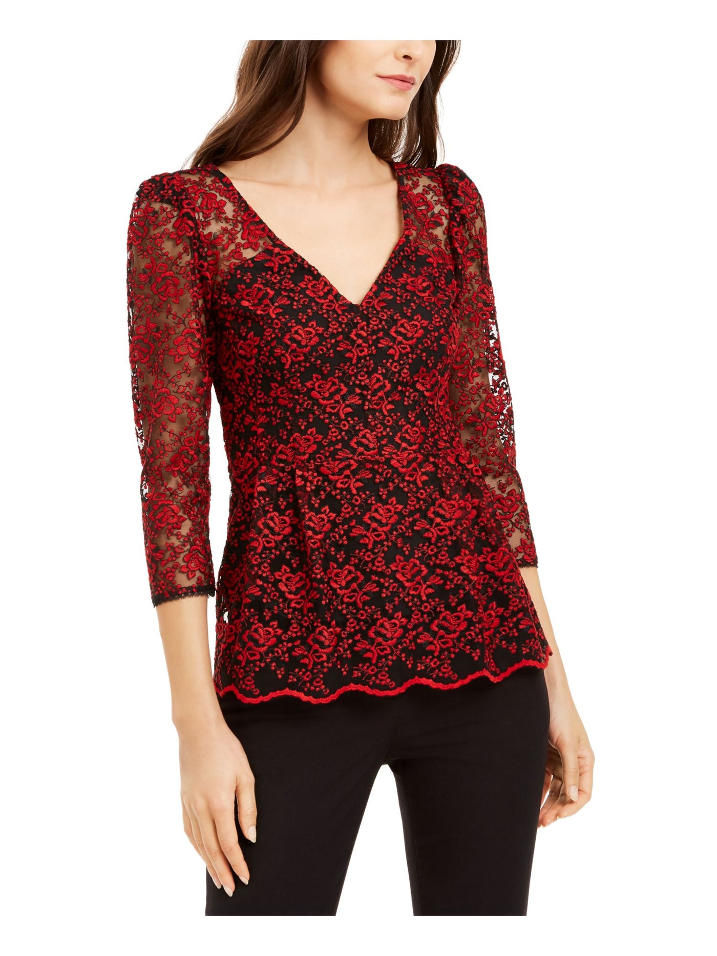 NANETTE LEPORE Womens Red Sheer Floral 3/4 Sleeve V Neck Top Size: 12