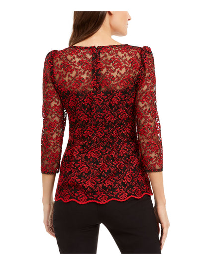 NANETTE LEPORE Womens Red Sheer Floral 3/4 Sleeve V Neck Top Size: 0