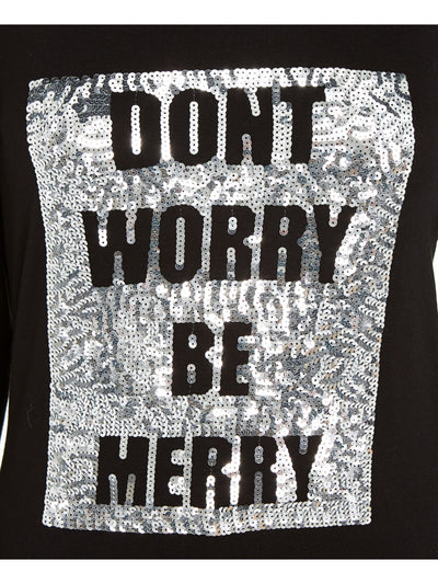 INC Womens Black Sequined Graphic Long Sleeve Scoop Neck Top XS