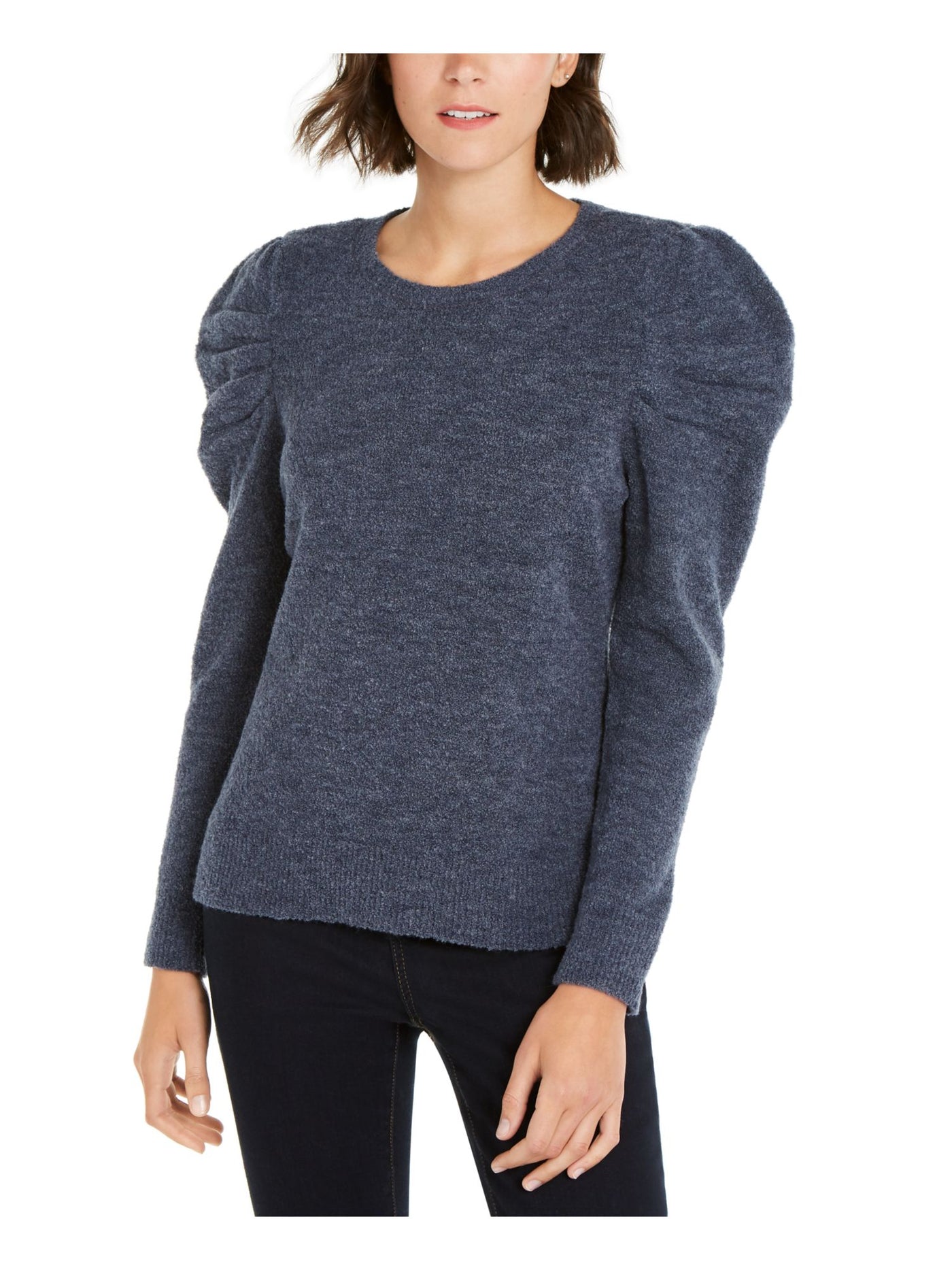 INC Womens Blue Stretch Ribbed Long Sleeve Jewel Neck Sweater M