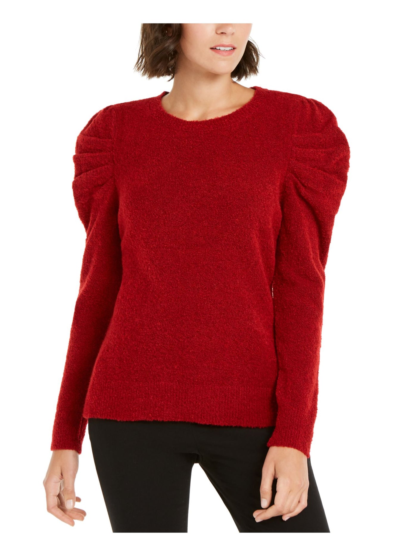 INC Womens Red Ribbed Long Sleeve Jewel Neck Sweater XS